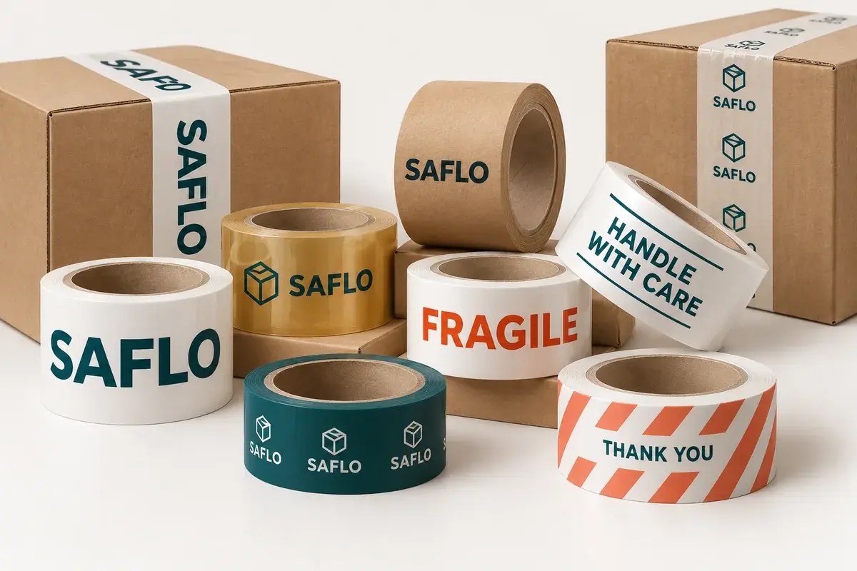 Illustrative range of logo, warning and thank-you printed packing tape rolls
